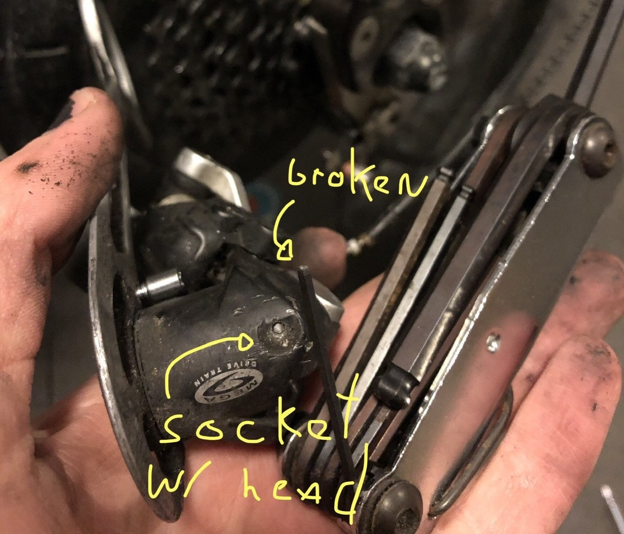 Derailleur with broken head inside hex key socket